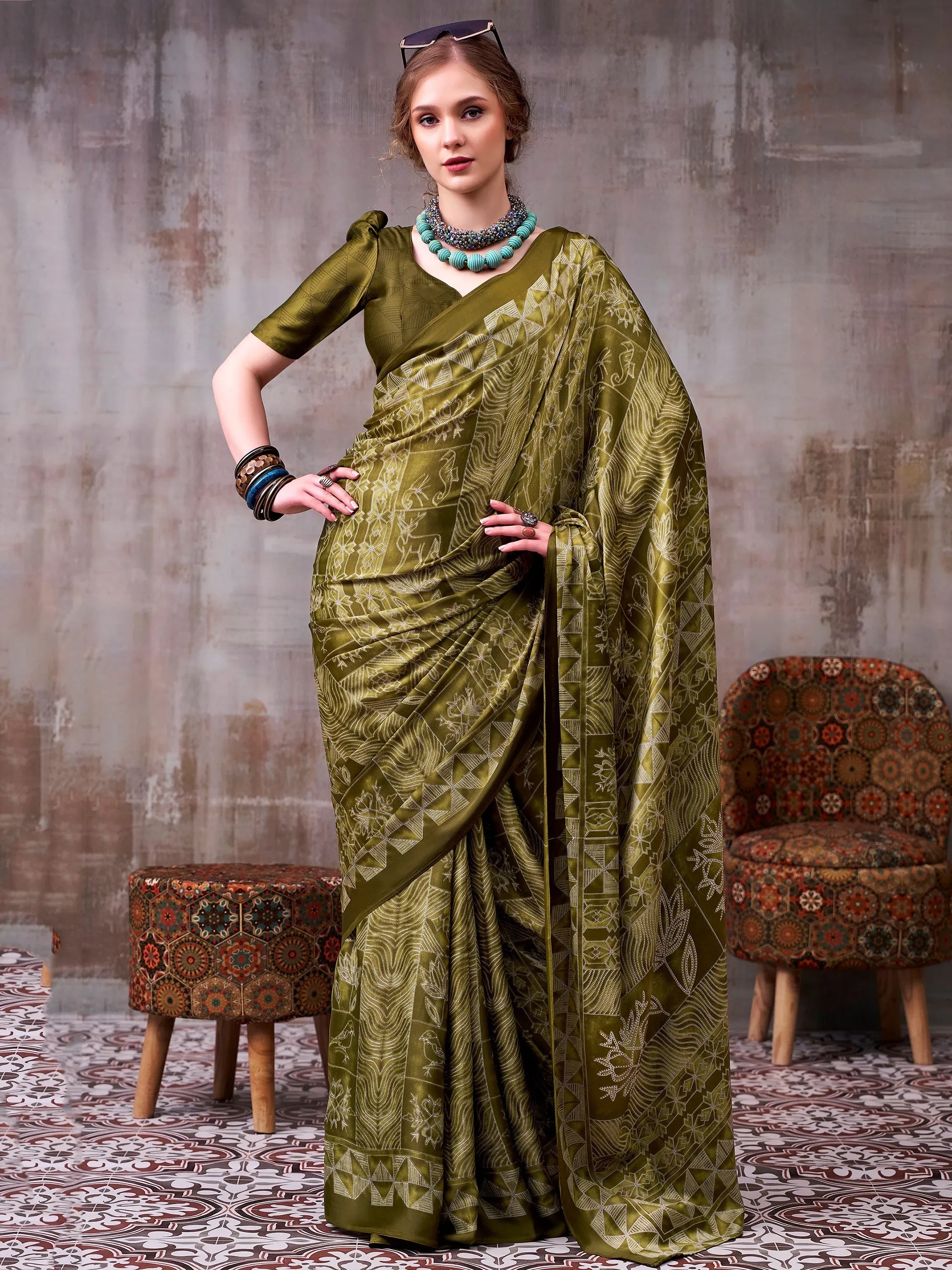 Glorious Olive Green Printed Satin Mehendi Wear Saree With Blouse
