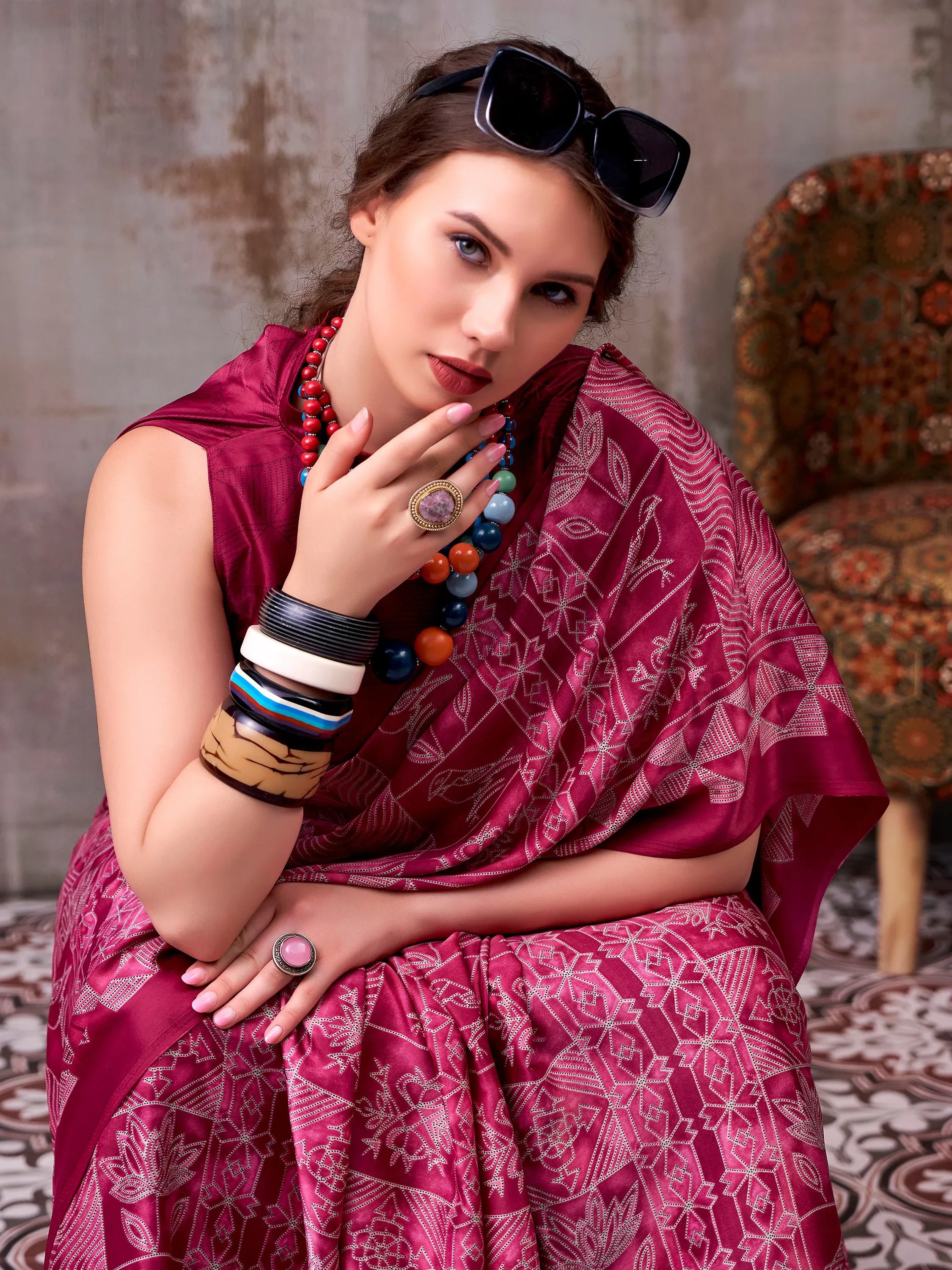 Rich Magenta Pink Printed Satin Festive Wear Saree With Blouse