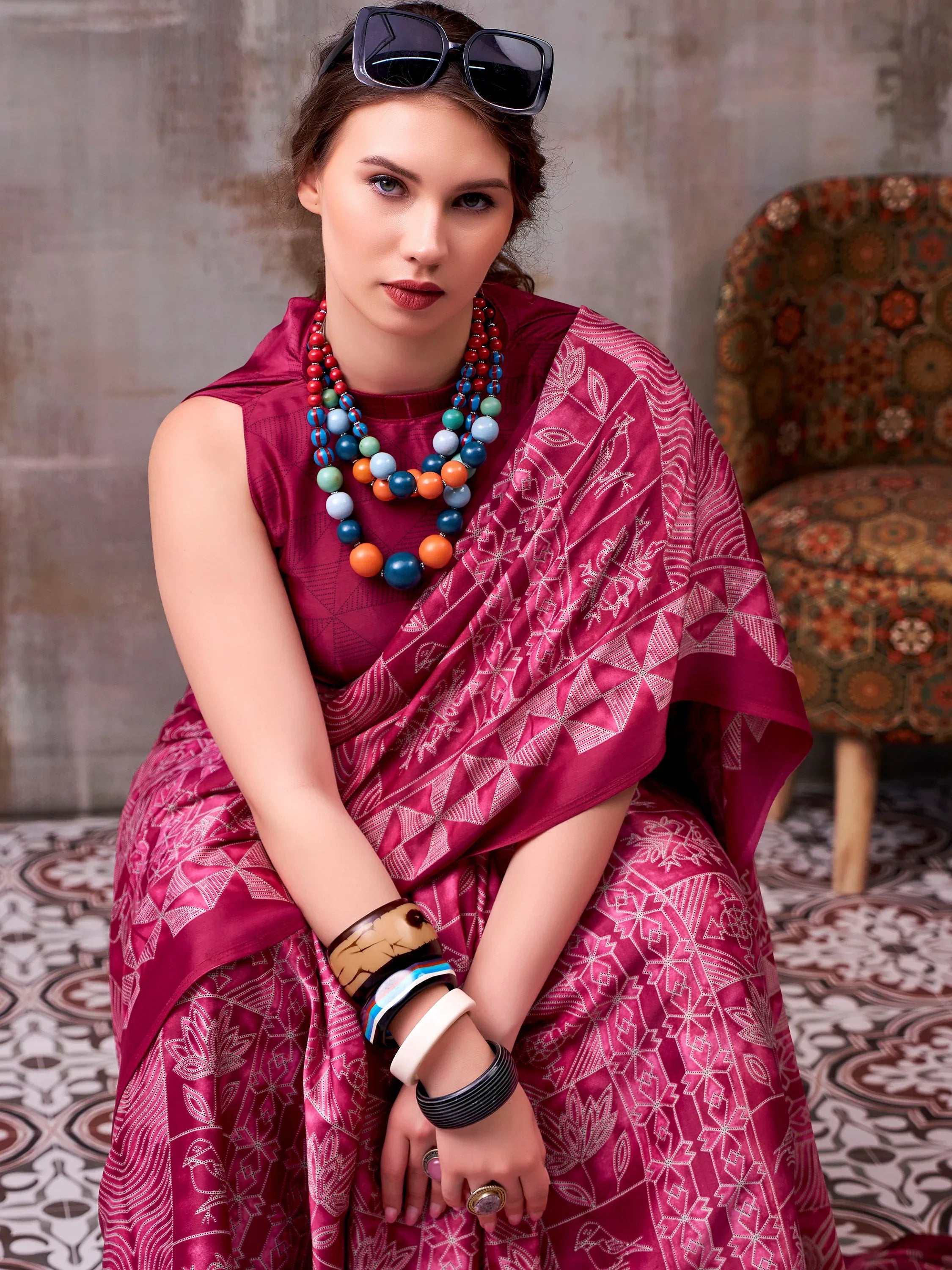 Rich Magenta Pink Printed Satin Festive Wear Saree With Blouse