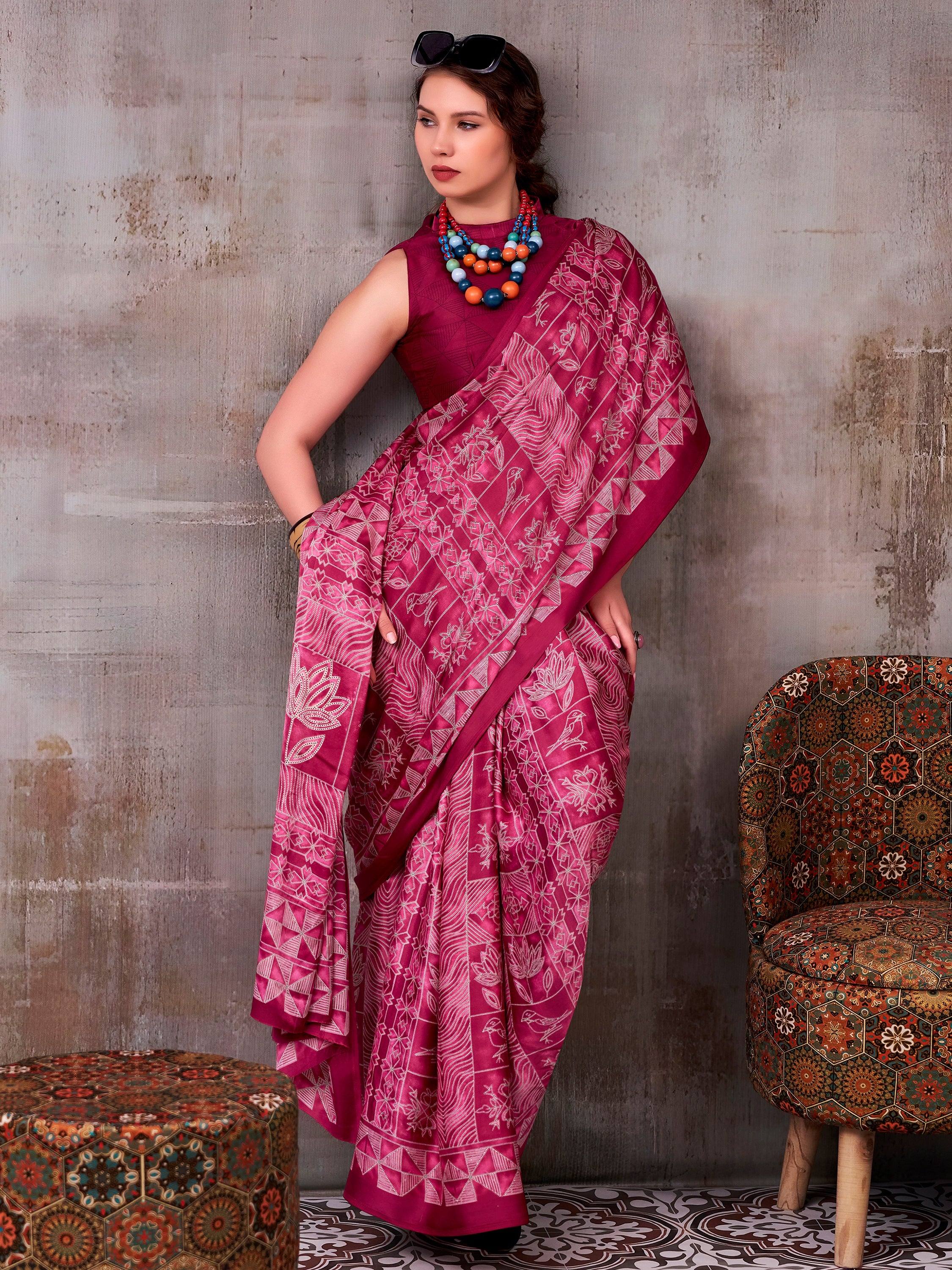 Rich Magenta Pink Printed Satin Festive Wear Saree With Blouse