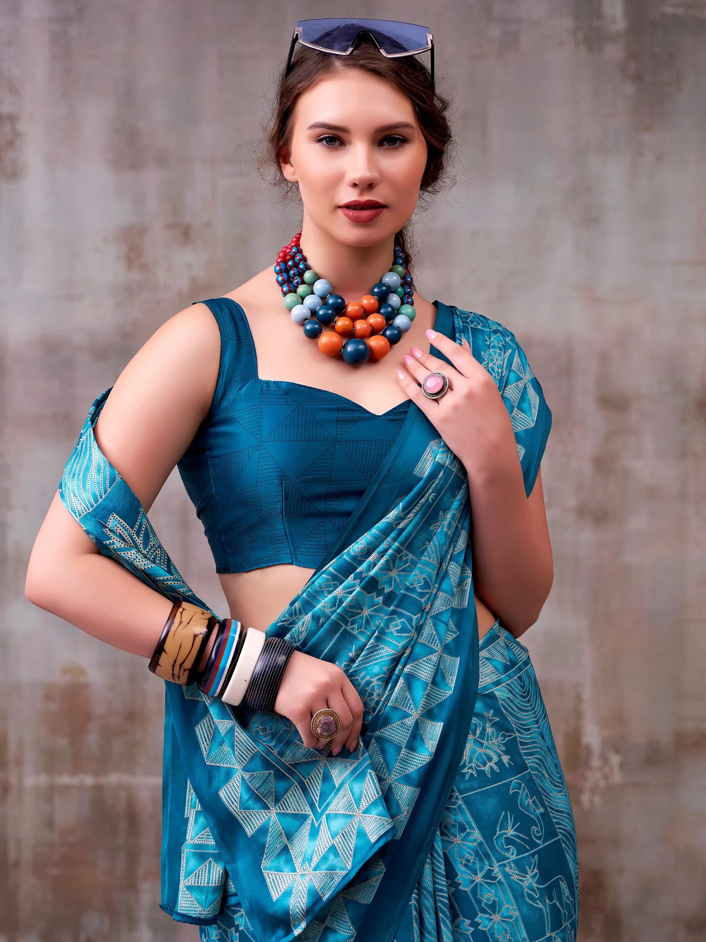 Precious Teal Blue Digital Printed Satin Daily Wear Saree With Blouse