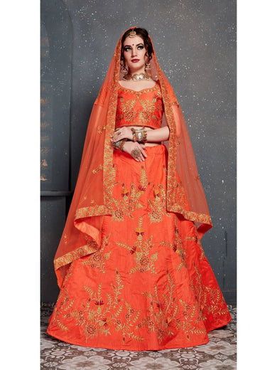 Orange Embroidered Silk Wedding Lehenga Choli