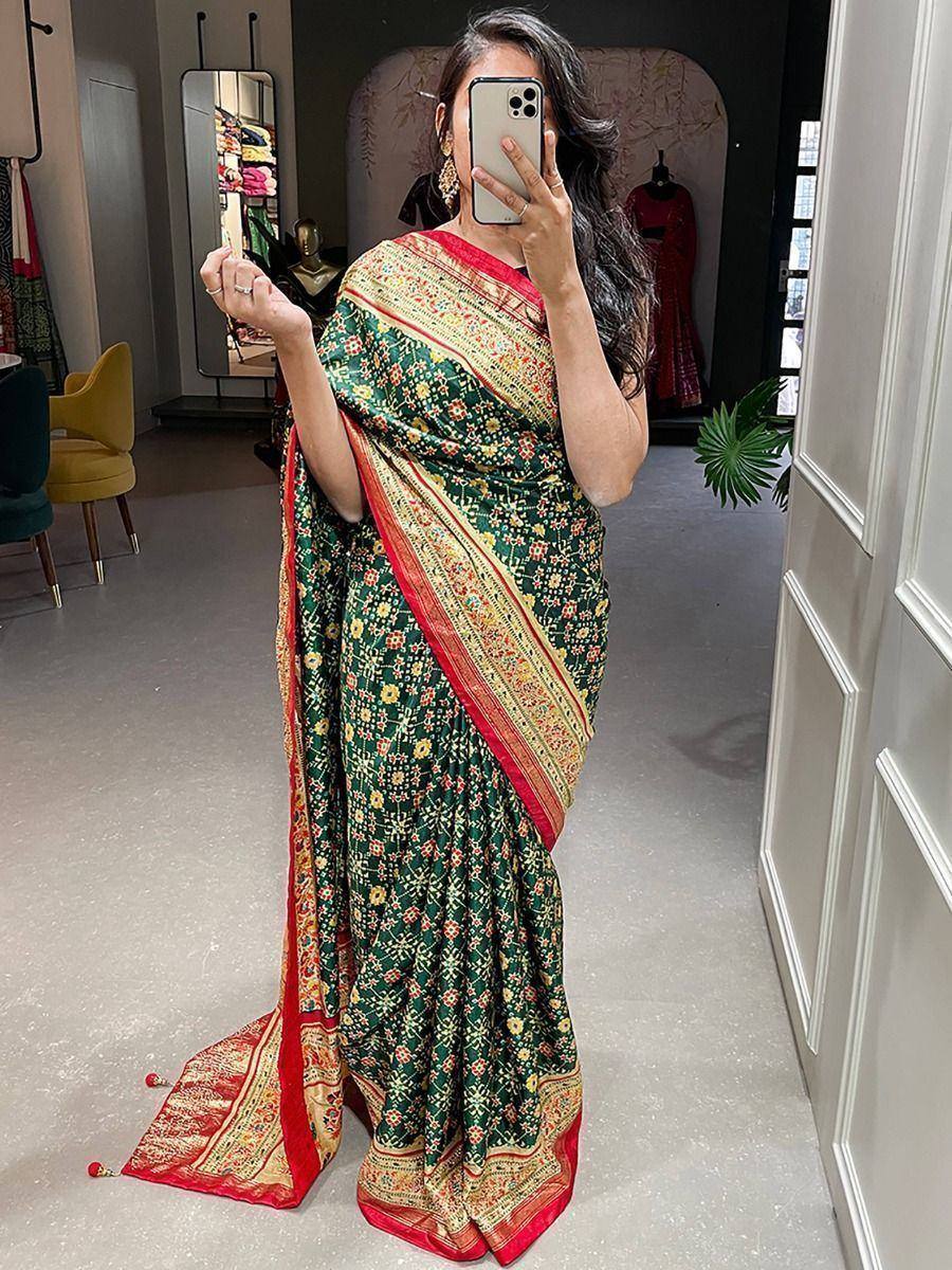 Fascinating Dark Green Patola Print Silk Festival Wear Saree With Blouse