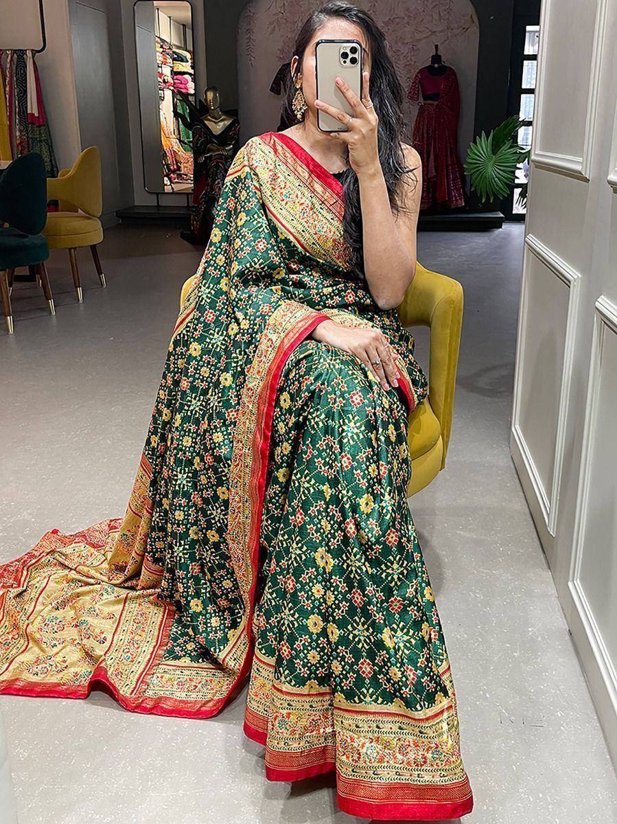 Fascinating Dark Green Patola Print Silk Festival Wear Saree With Blouse