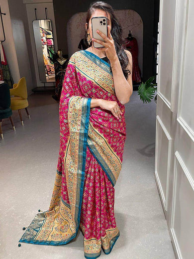 Captivating Pink Patola Print Silk Wedding Wear Saree With Blouse
