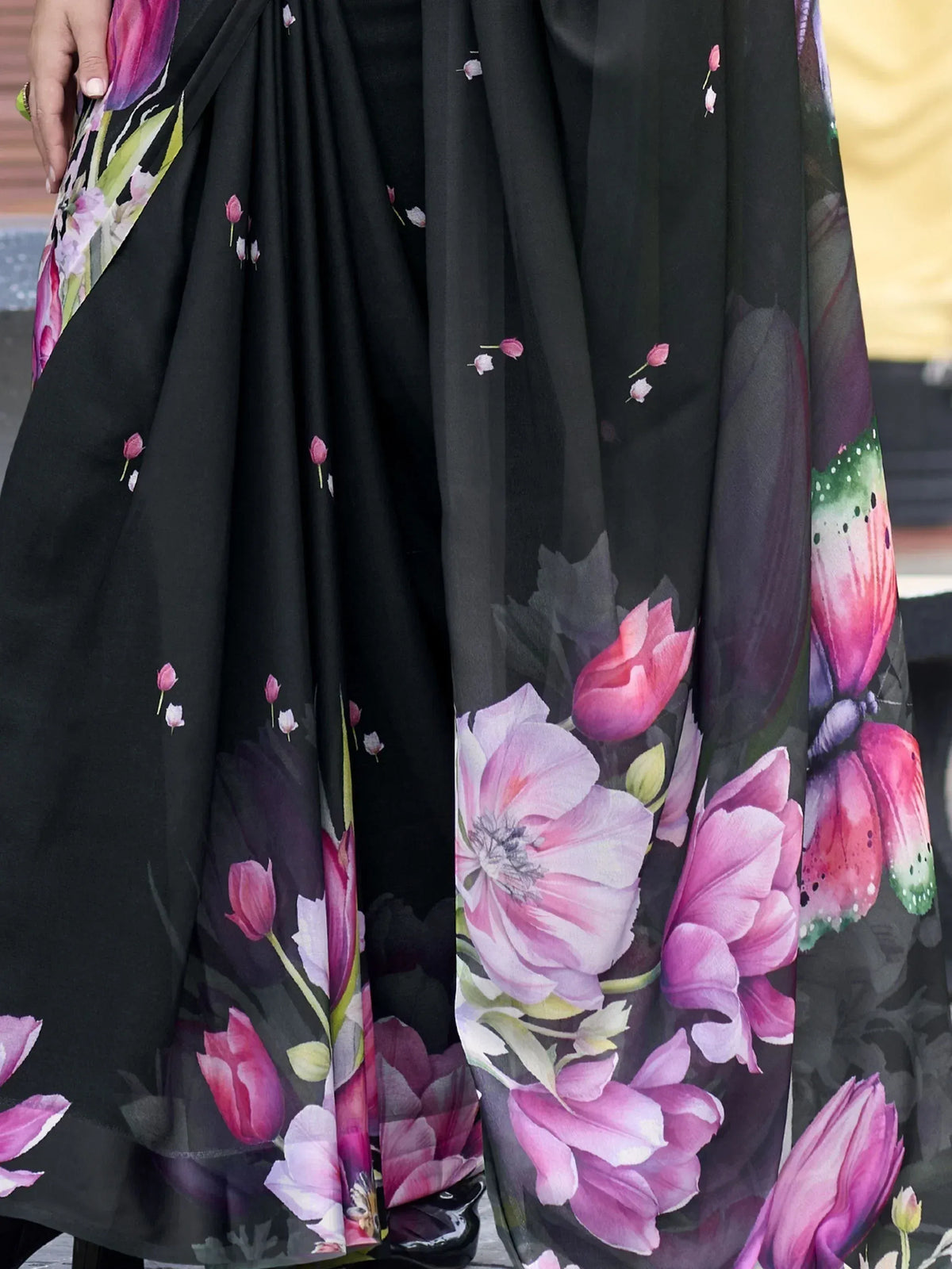 Black floral printed ethnic gown with pink tulip design, perfect for Indian occasions