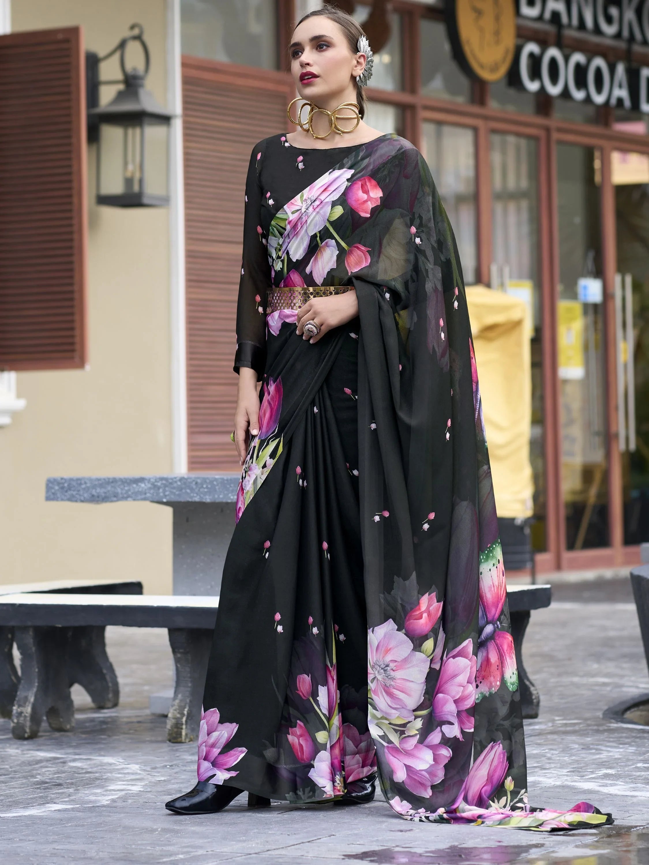 Beautiful Black Floral Printed Georgette Event Wear Saree With Blouse