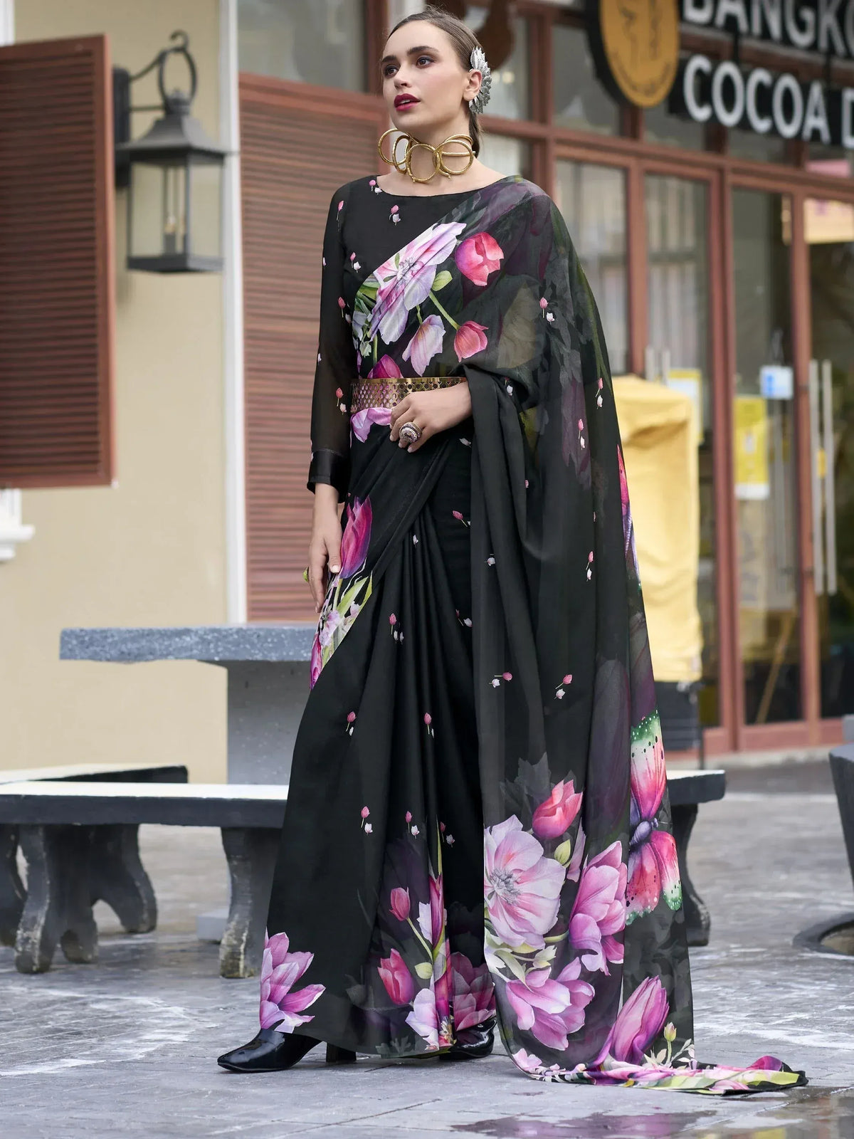 Black floral print saree with designer blouse, perfect for ethnic wear occasions