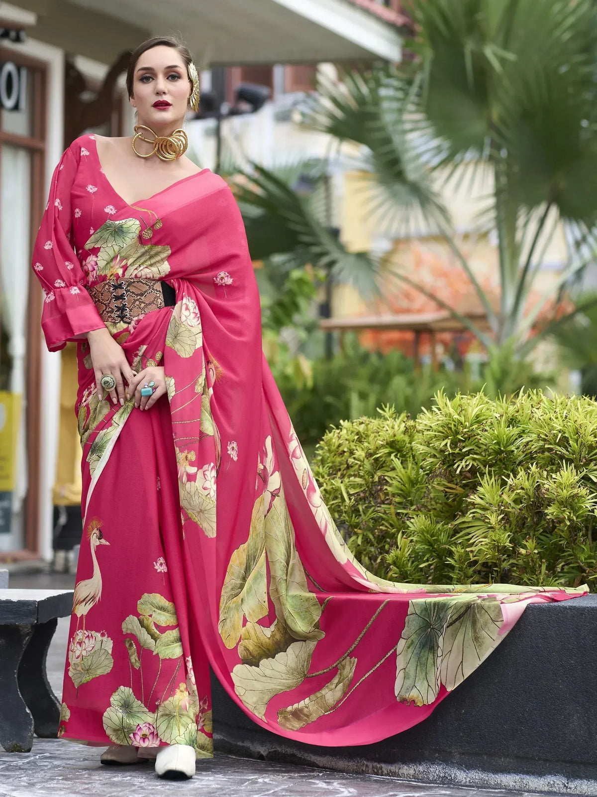 Pink floral saree with lotus print, ethnic wear for women, designer Indian gown style