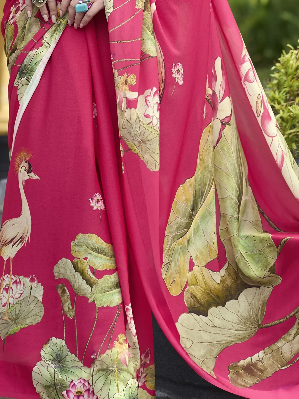 Pink ethnic saree with lotus and crane print, perfect for Indian occasions