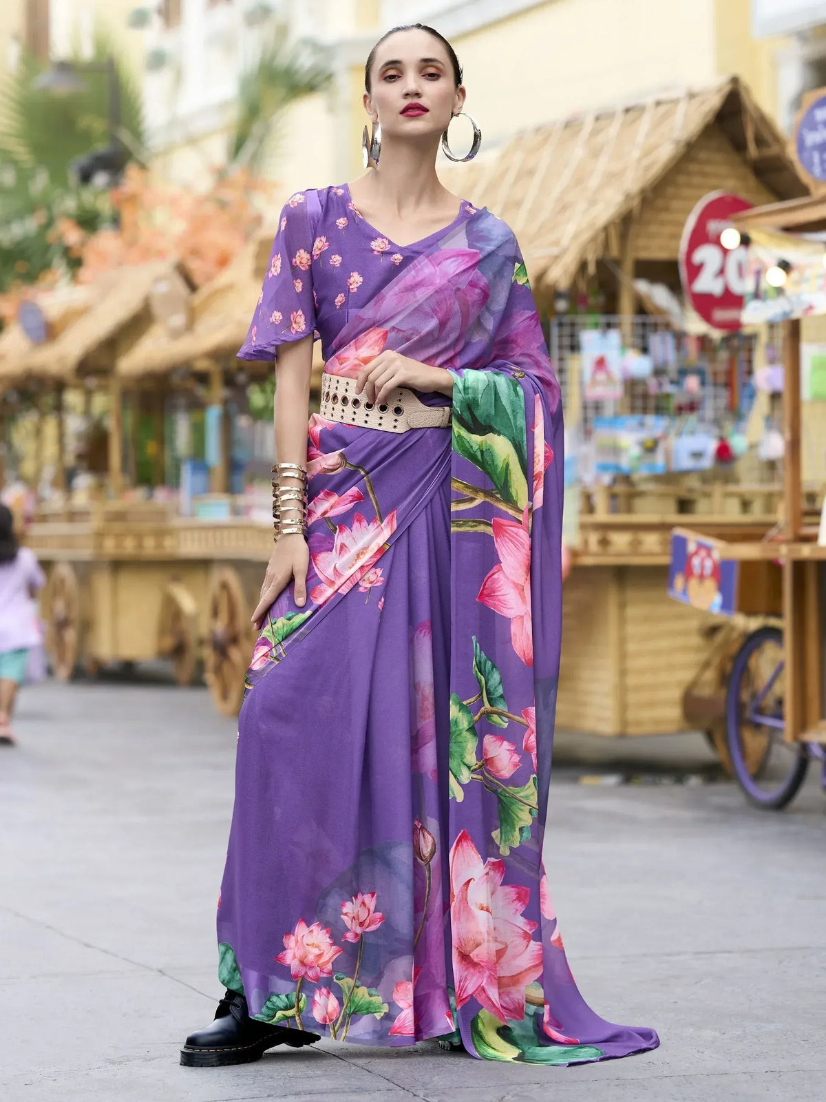 Purple floral print saree with modern styling, perfect for ethnic fashion lovers