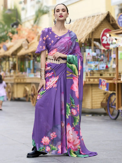 Precious Purple Printed Georgette Festival Wear Saree With Blouse