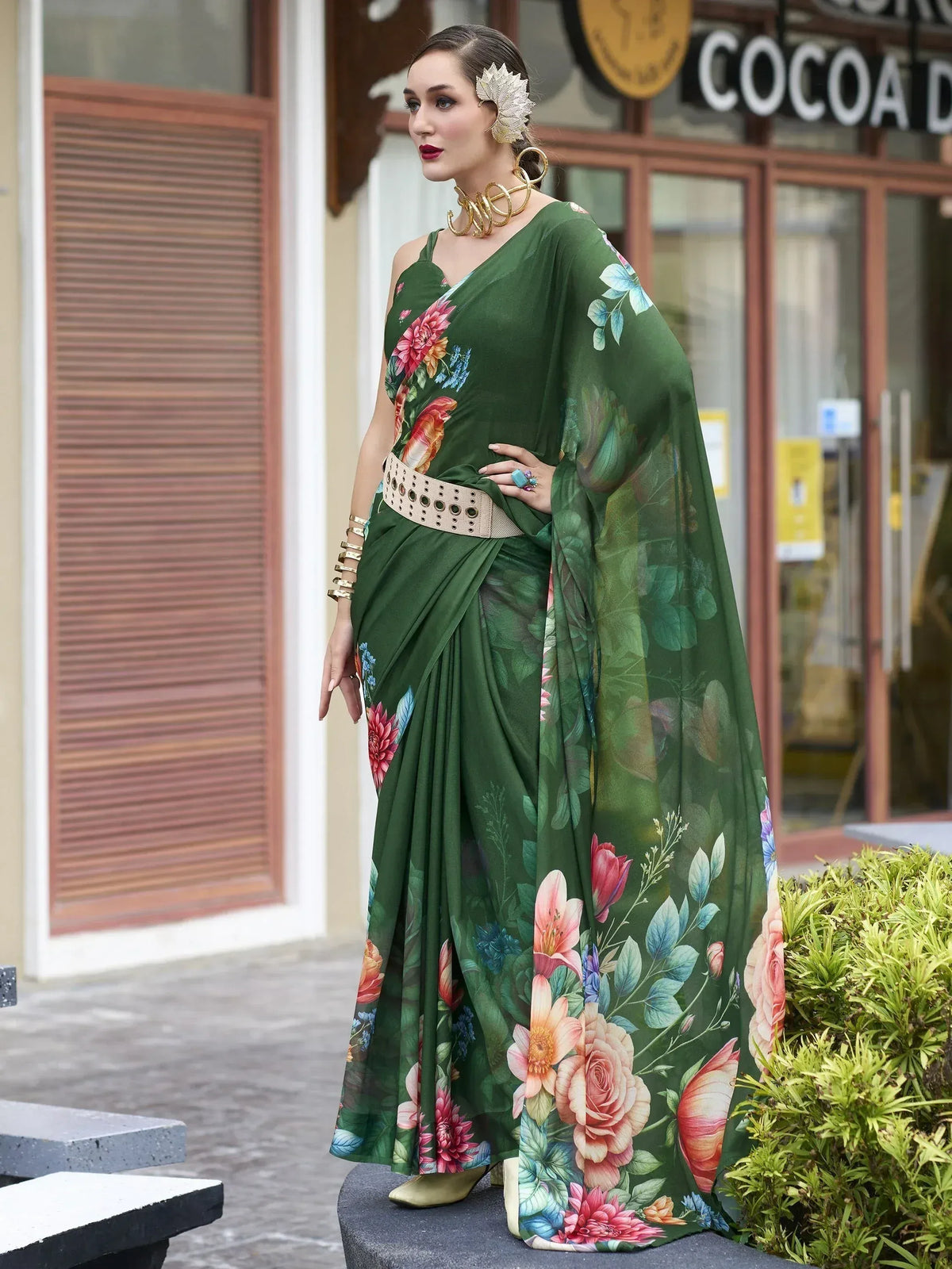 Green floral print saree with designer blouse, perfect for ethnic occasions and Indian wear