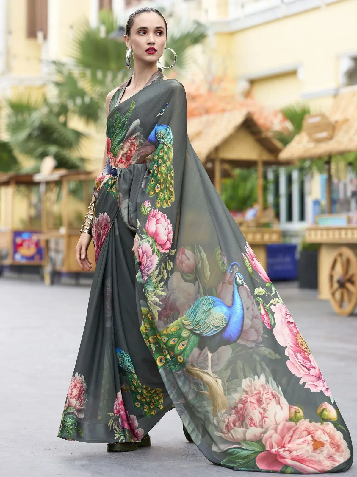 Grey saree with peacock and pink floral print, stylish ethnic wear for women