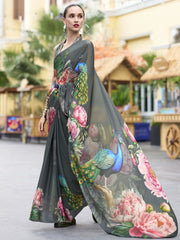 Incredible Grey Floral Printed Georgette Traditional Saree With Blouse