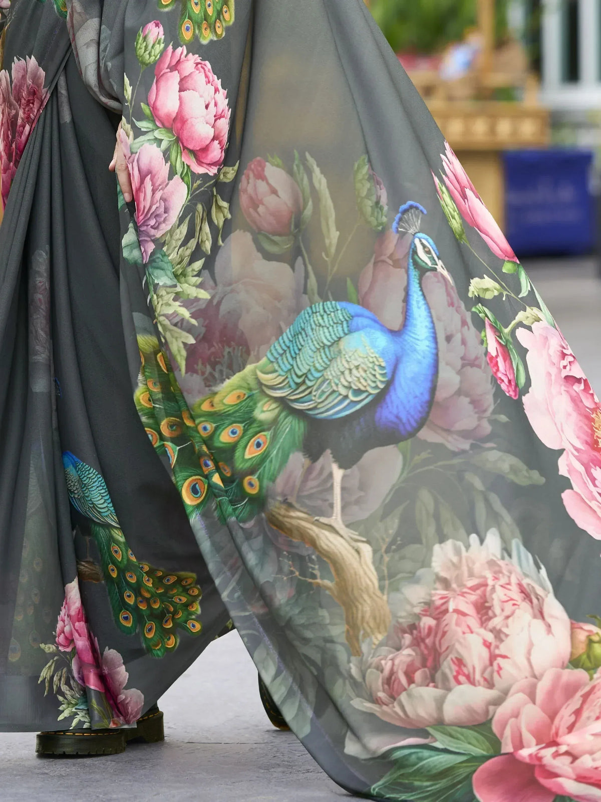 Grey ethnic gown with peacock and pink floral print, perfect for Indian occasions