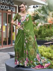 Fantastical Green Floral Printed Georgette Function Wear Saree