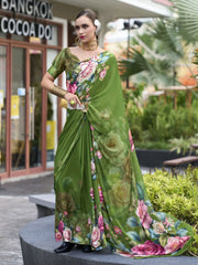 Fantastical Green Floral Printed Georgette Function Wear Saree
