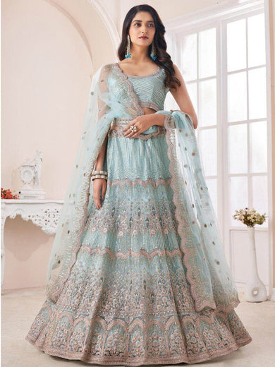 Dazzling Turquoise Dori Work Soft Net Events Wear Lehenga Choli