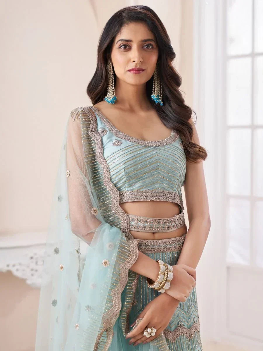 Dazzling Turquoise Dori Work Soft Net Events Wear Lehenga Choli