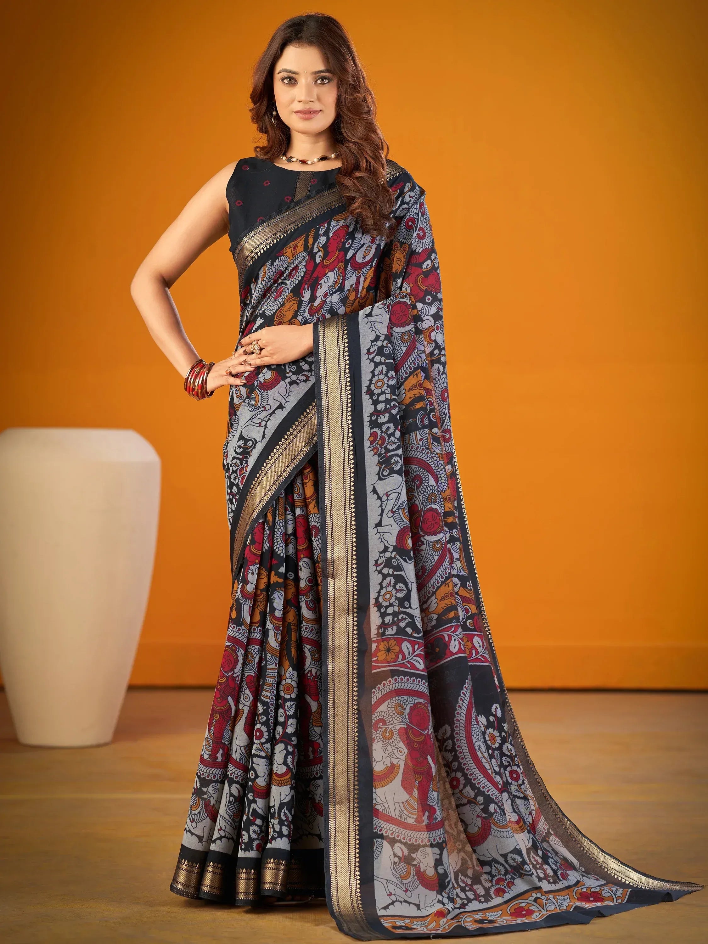 Outstanding Black Kalamkari Print Chanderi Marriage Wear Saree With Blouse
