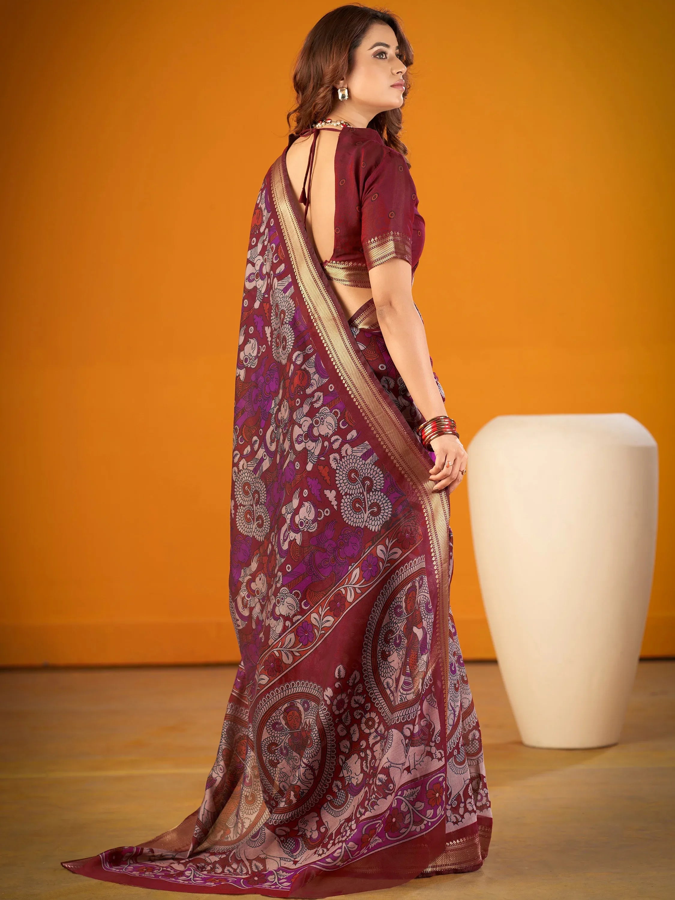 Spectacular Maroon Kalamkari Print Chanderi Wedding Wear Saree With Blouse