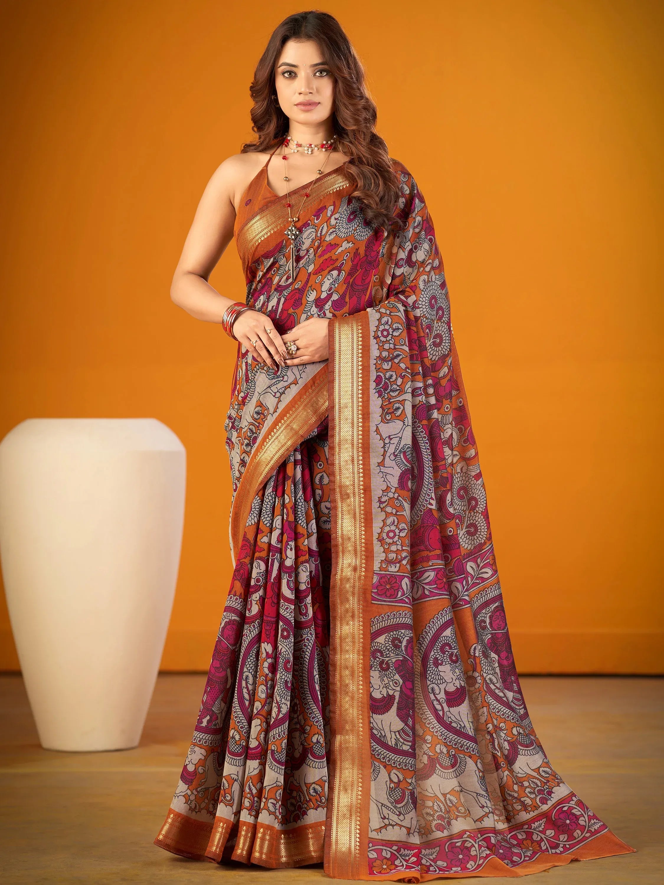 Pretty Mustard Yellow Kalamkari Print Chanderi Festive Wear Saree With Blouse