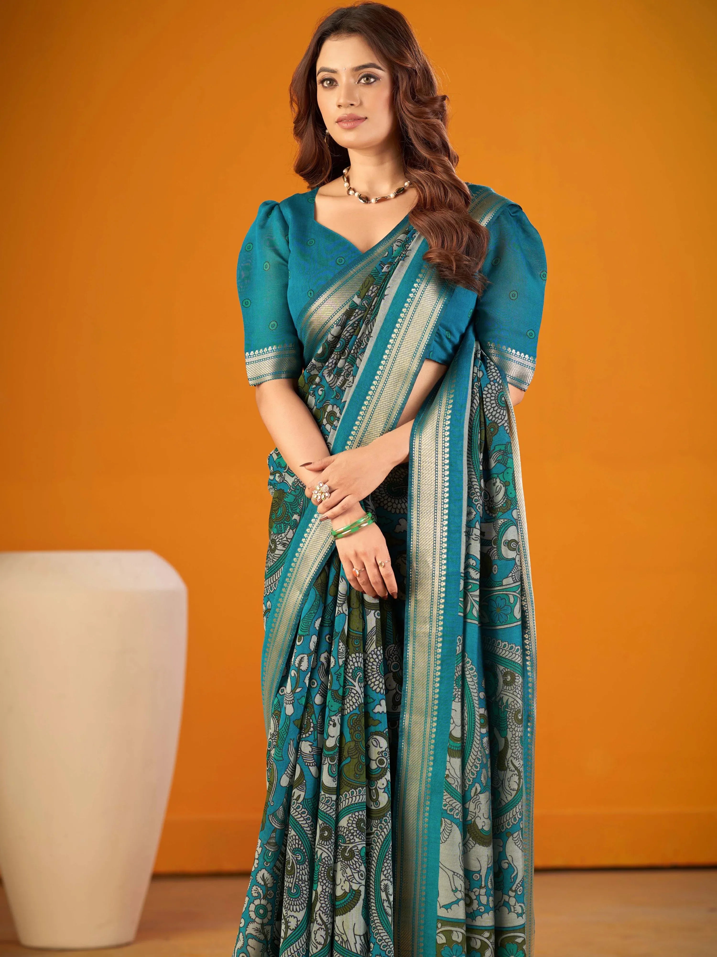 Glorious Teal Blue Kalamkari Print Chanderi Function Wear Saree With Blouse