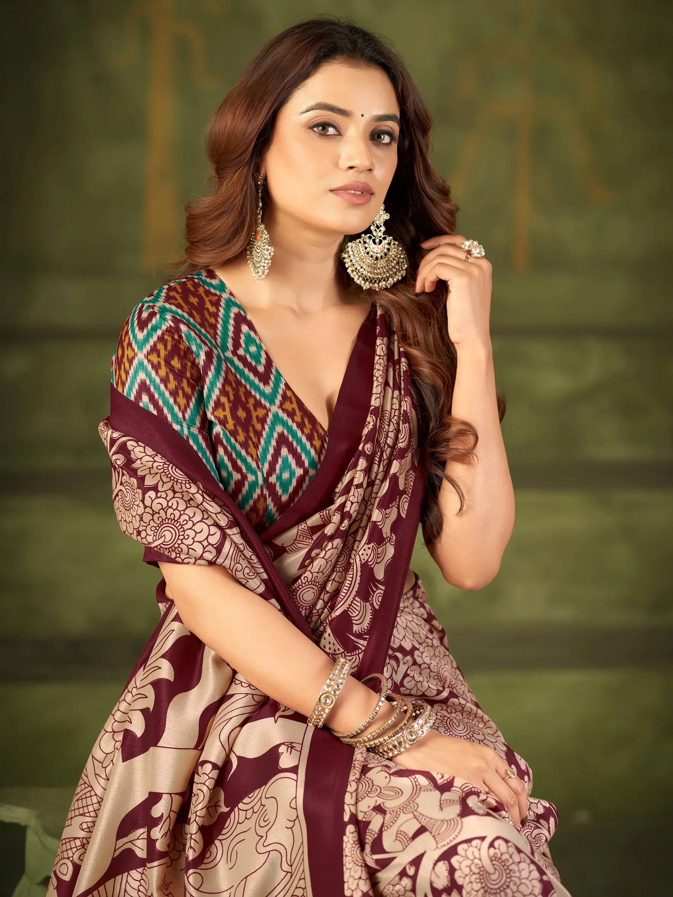 Fabulous Maroon Kalamkari Printed Silk Festival Wear Saree With Blouse