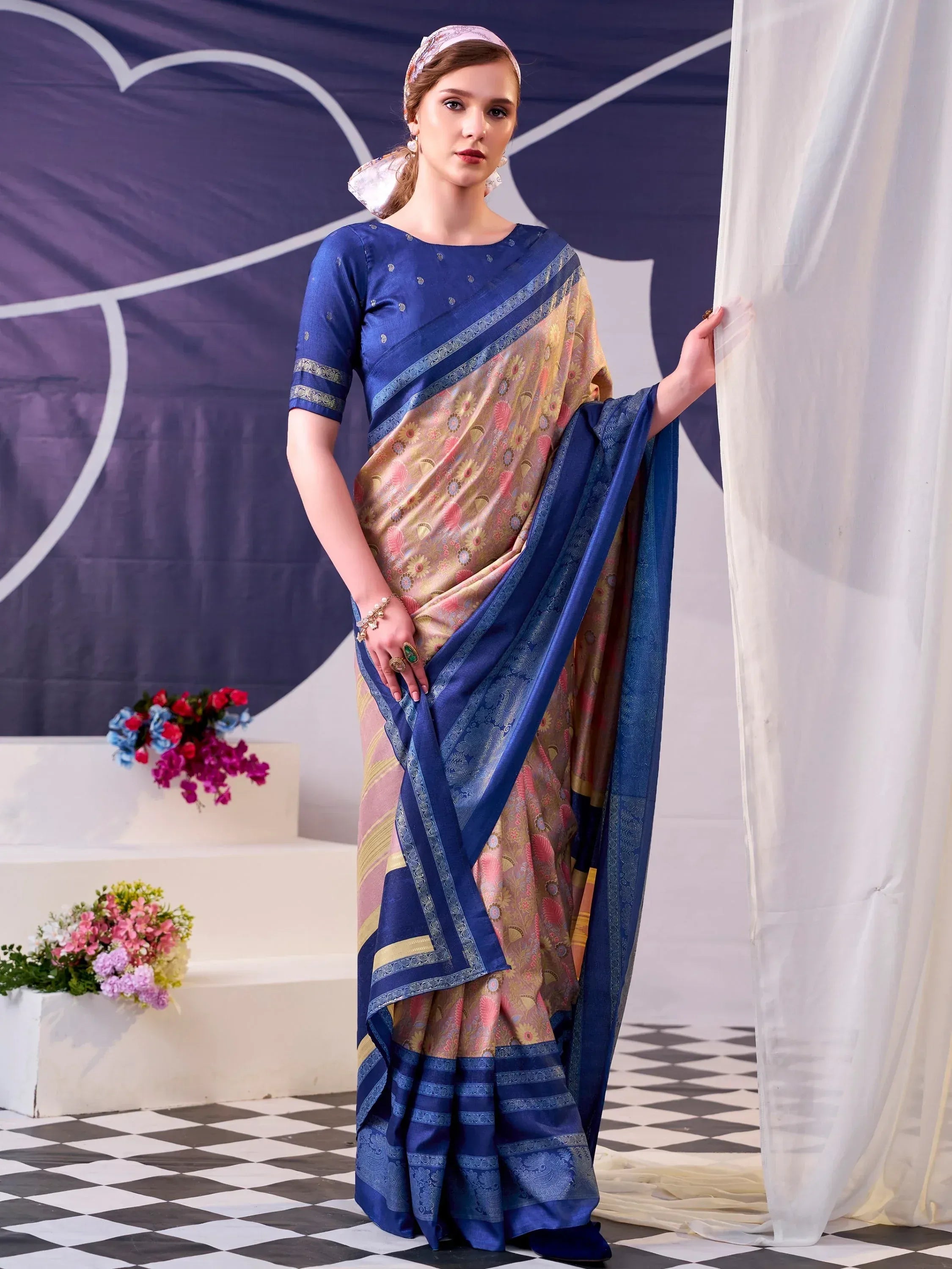 Pretty Navy Blue Floral Printed Silk Event Wear Saree With Blouse