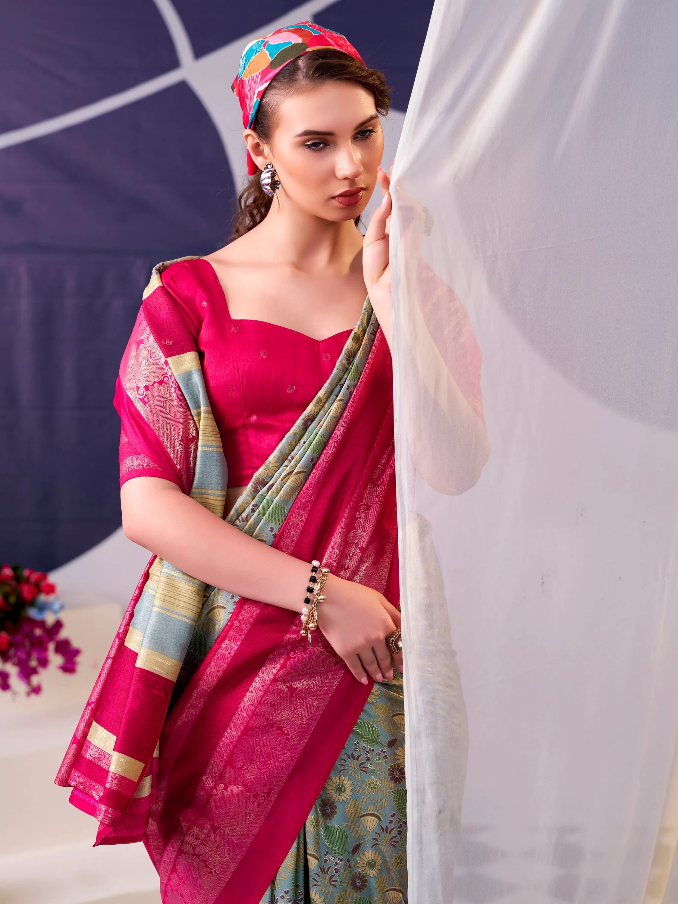 Notable Pink Flower Printed Silk Festive Wear Saree With Blouse