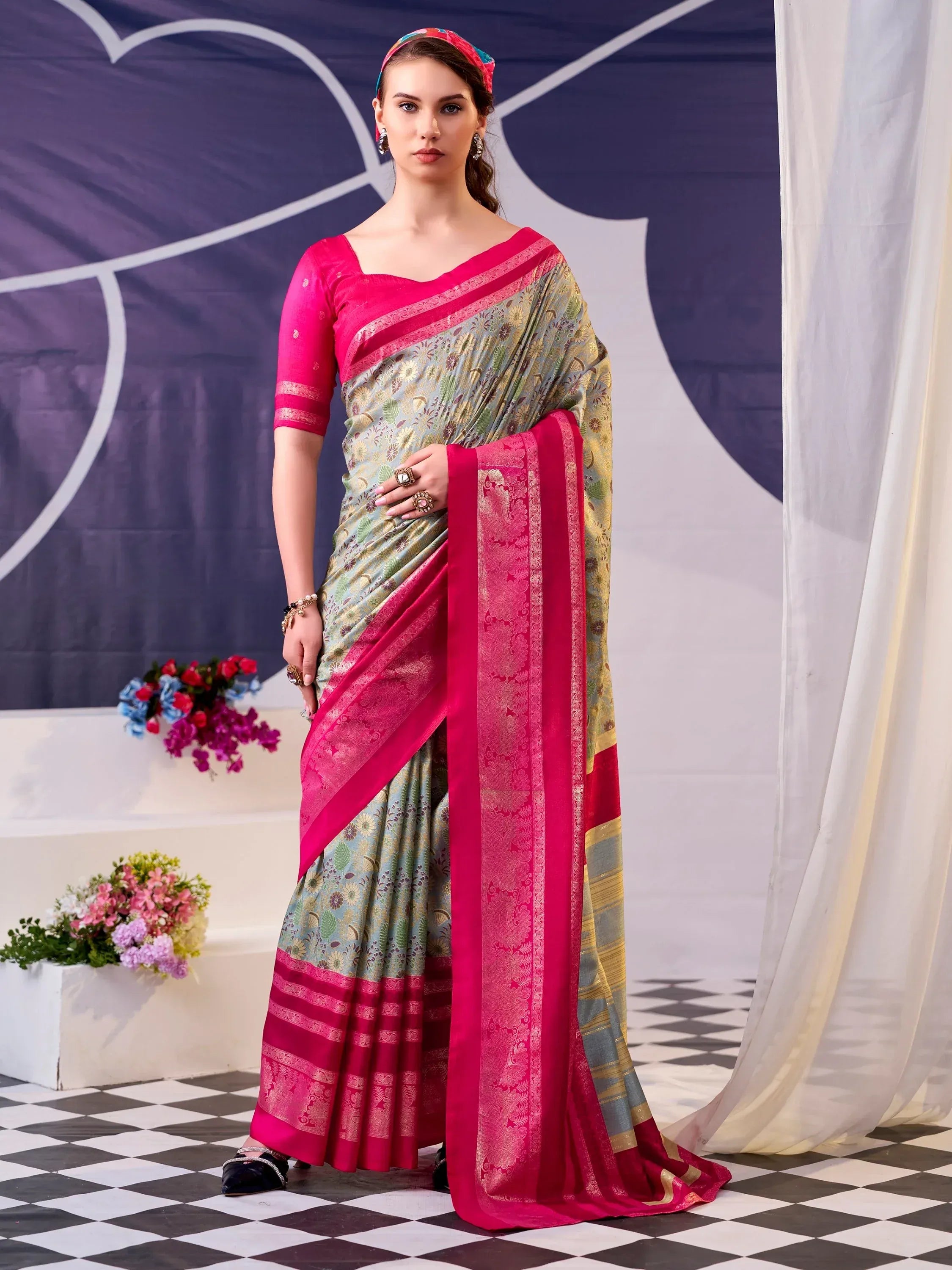 Notable Pink Flower Printed Silk Festive Wear Saree With Blouse