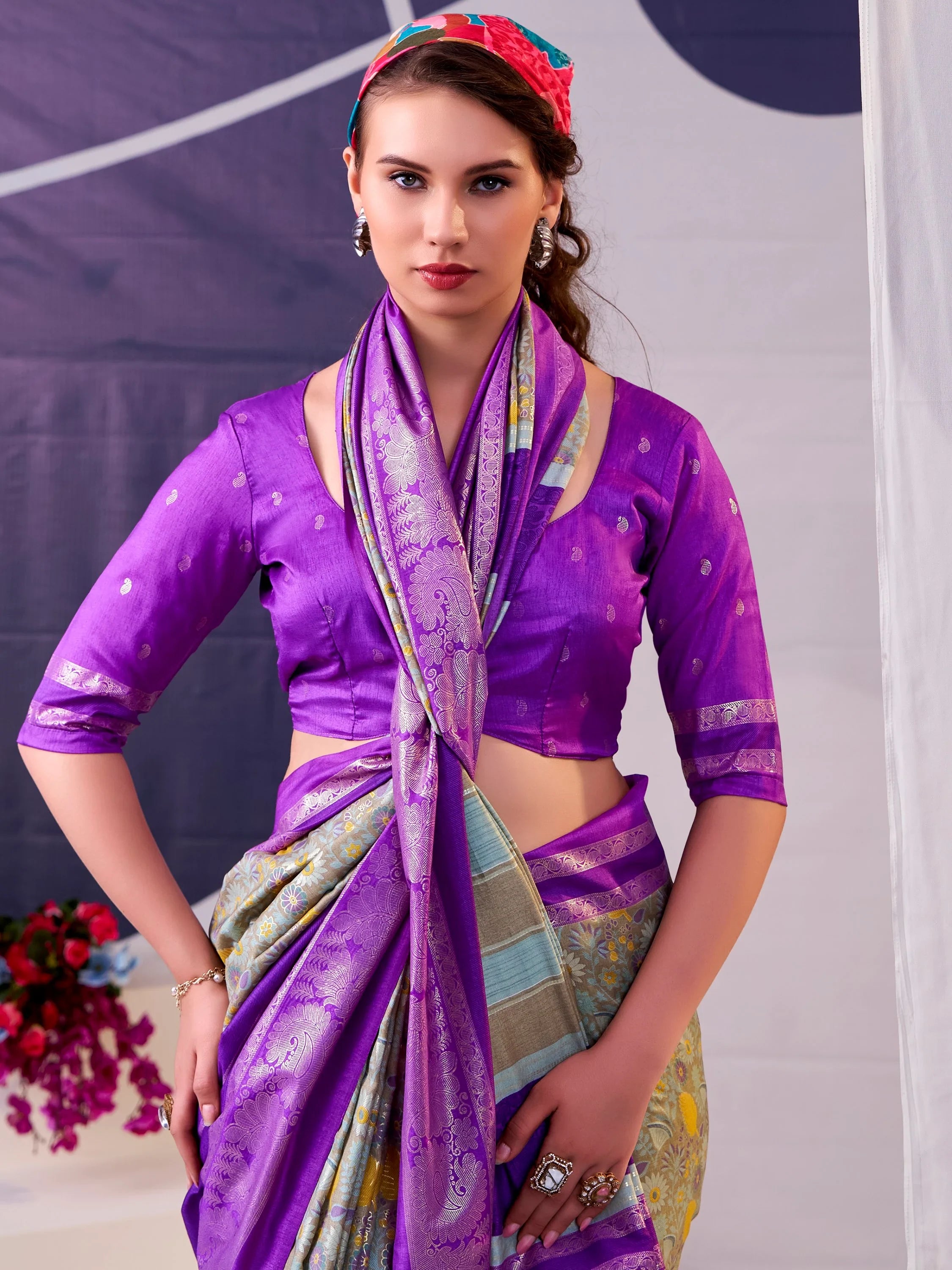 Classy Purple Foil Work Silk Marriage Wear Saree With Blouse