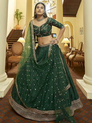 Tantalizing Green Art Silk Thread Embroidered Lehenga Choli With Dupatta
