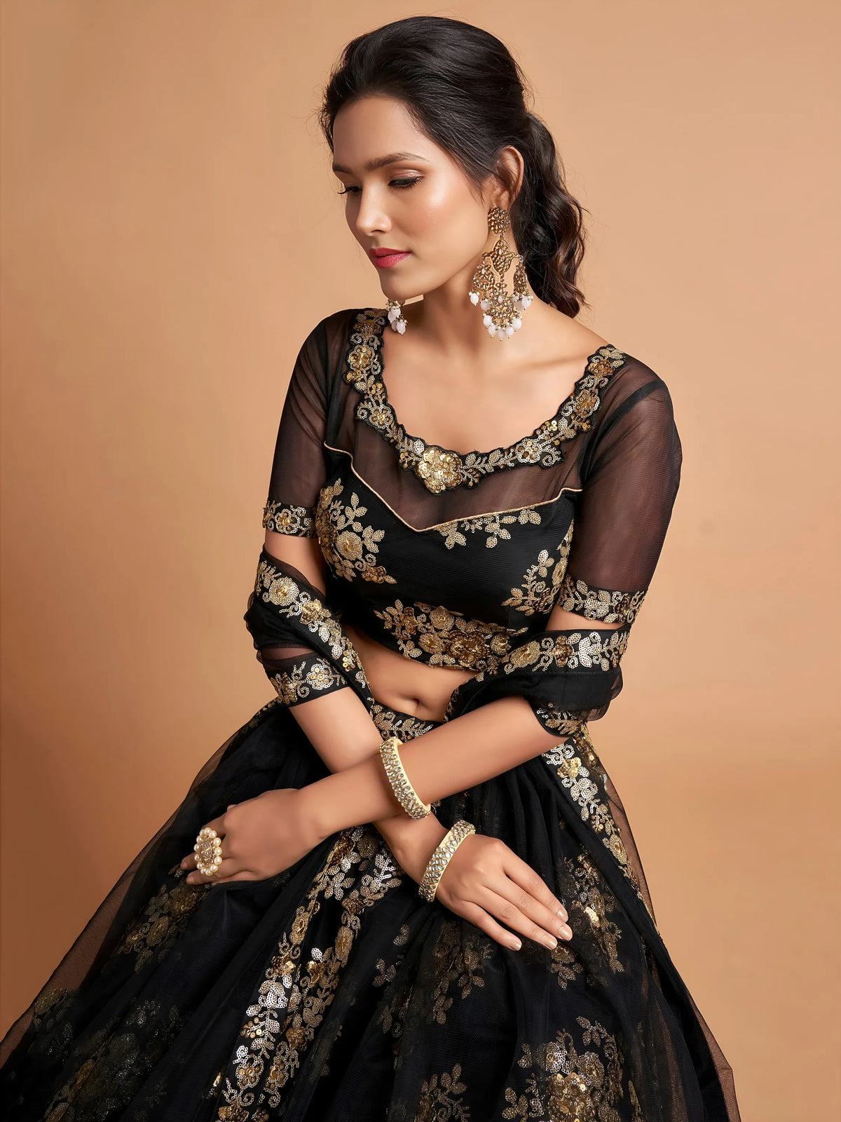 Beautiful Black Sequins Net Party Wear Plus Size Lehenga Choli