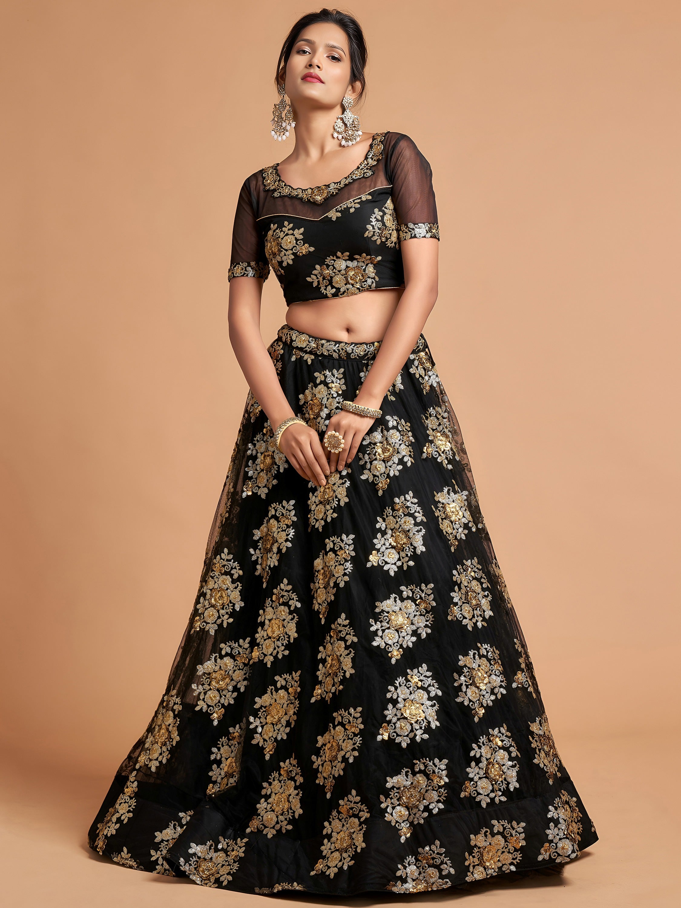 Awesome Black Zari Embroidery Net Party Wear Lehenga Choli