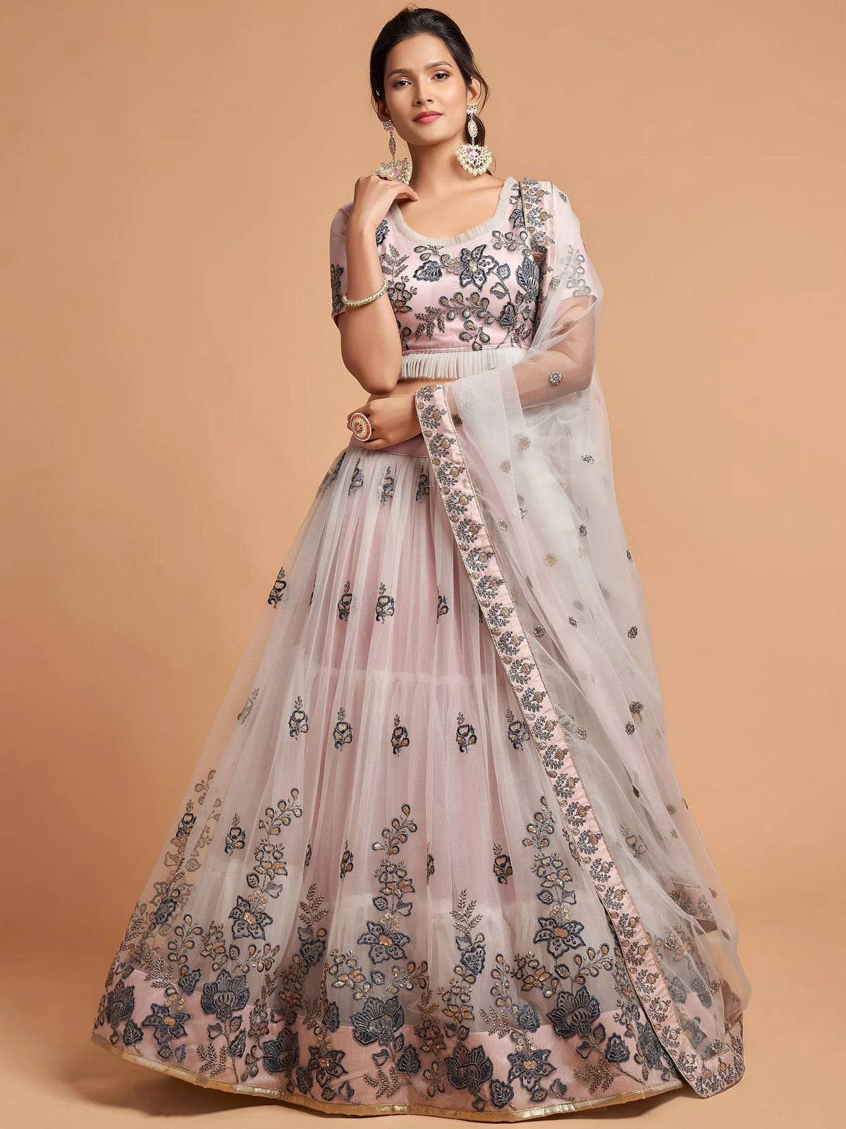 Brilliant Grey Zari Embroidered Net Party Wear Lehenga Choli