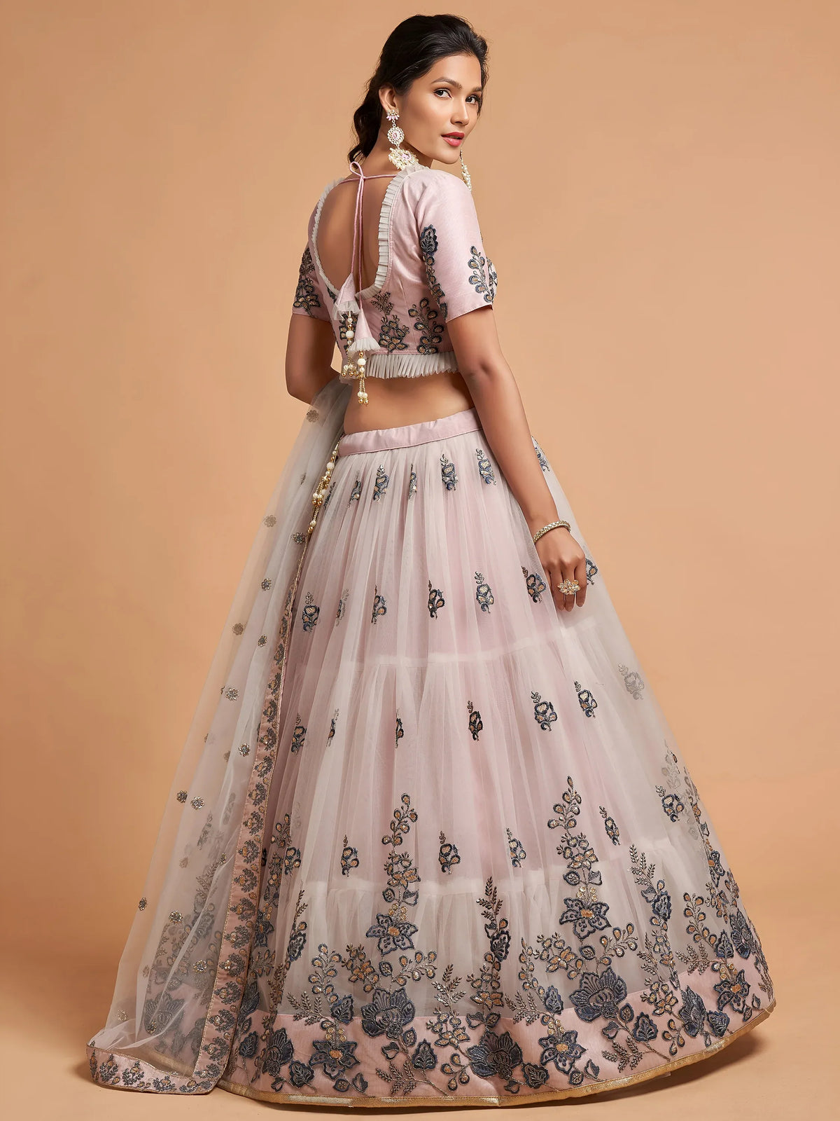 Brilliant Grey Zari Embroidered Net Party Wear Lehenga Choli
