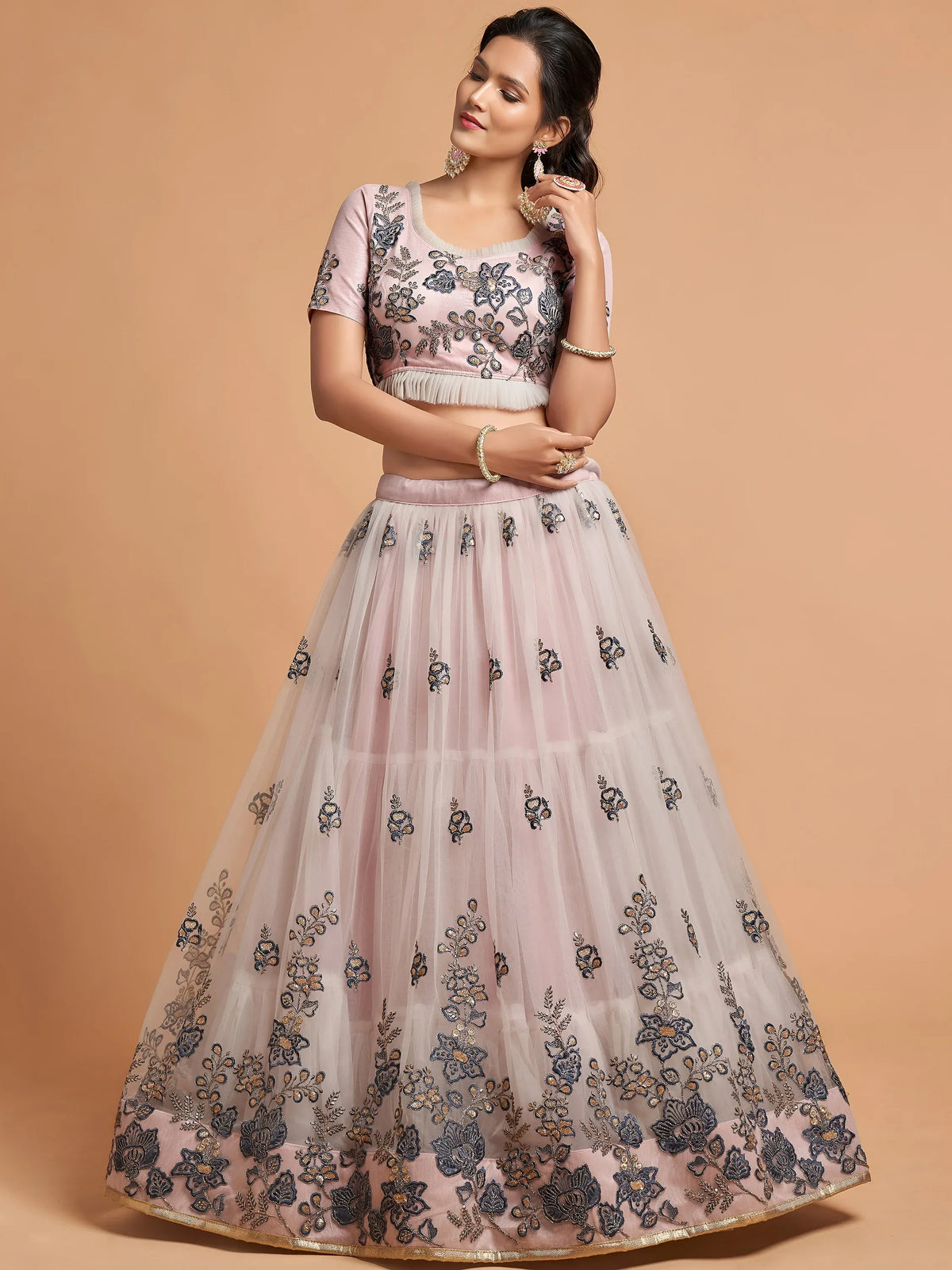 Brilliant Grey Zari Embroidered Net Party Wear Lehenga Choli