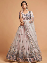 Charming Grey Embroidered Net Reception Wear Plus Size Lehenga Choli