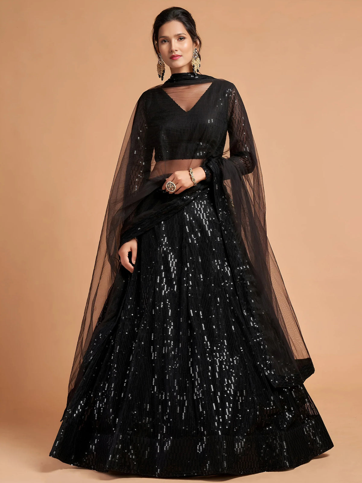 Dazzling Black Sequins Net Party Wear Plus Size Lehenga Choli