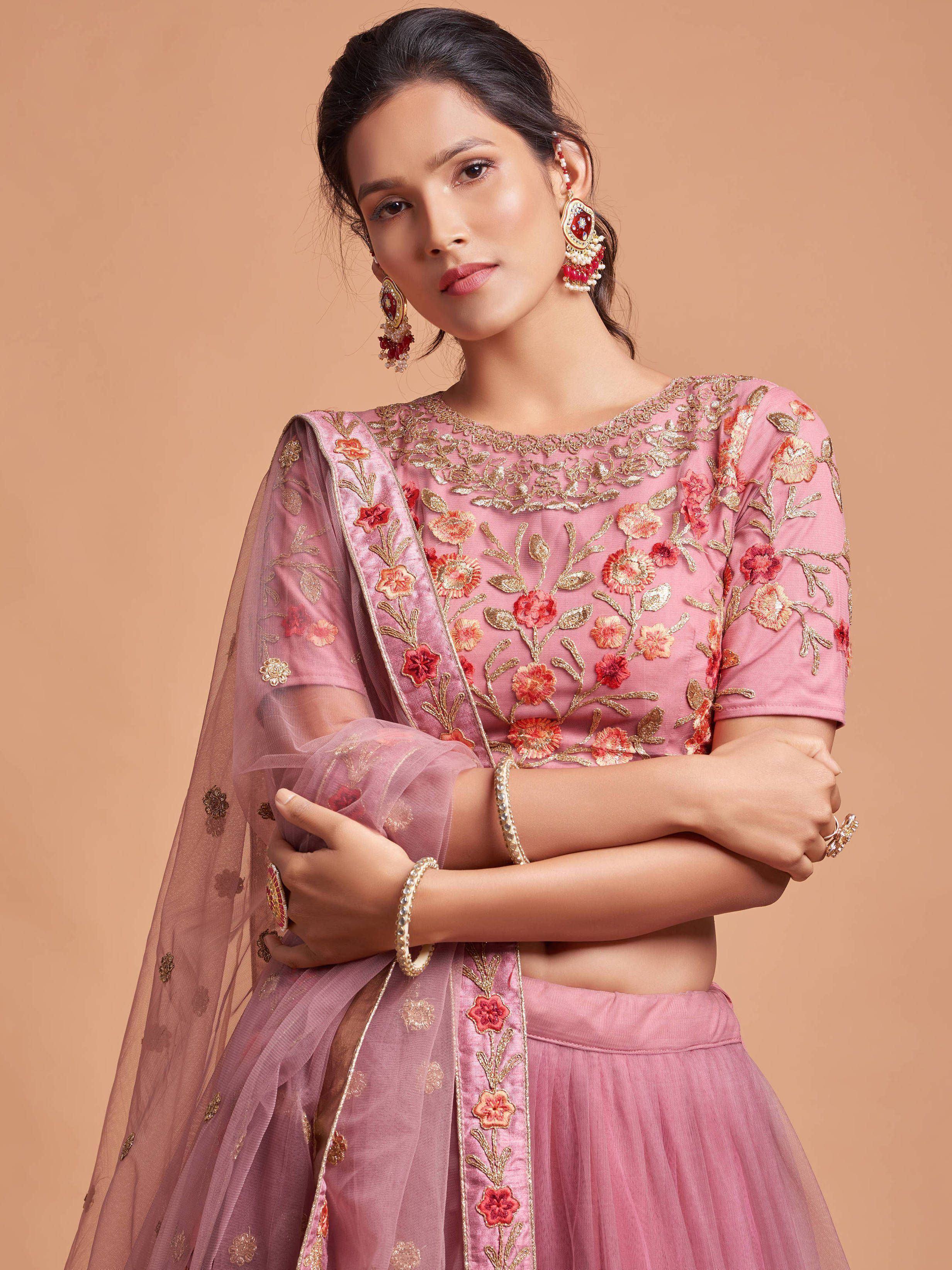 Pink floral embroidered lehenga choli with net dupatta, perfect for Indian ethnic wear occasions