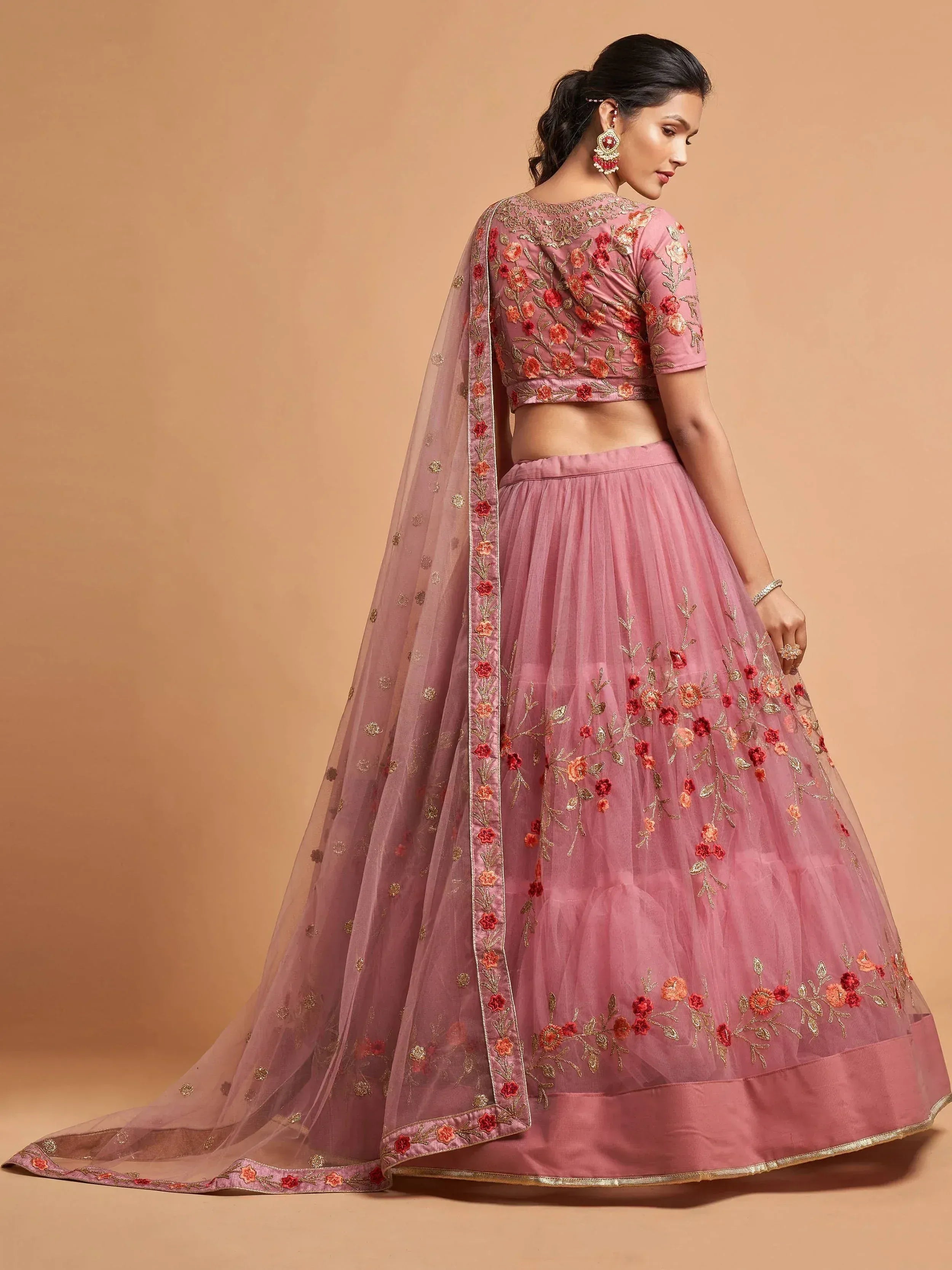 Pink floral embroidered lehenga choli with sheer dupatta, Indian ethnic wear for women
