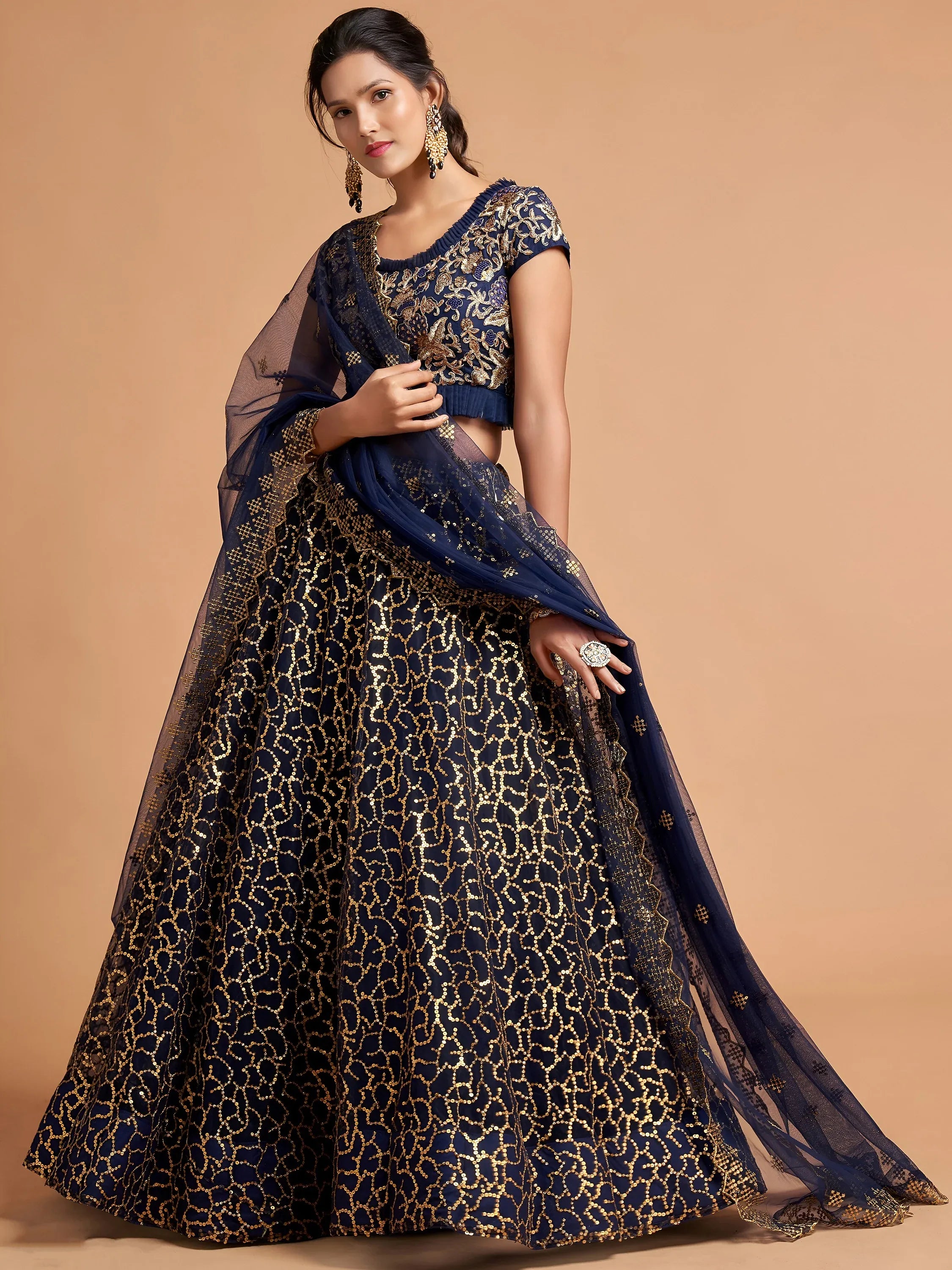 Navy Blue Thread Embroidered Net Wedding Wear Lehenga Choli