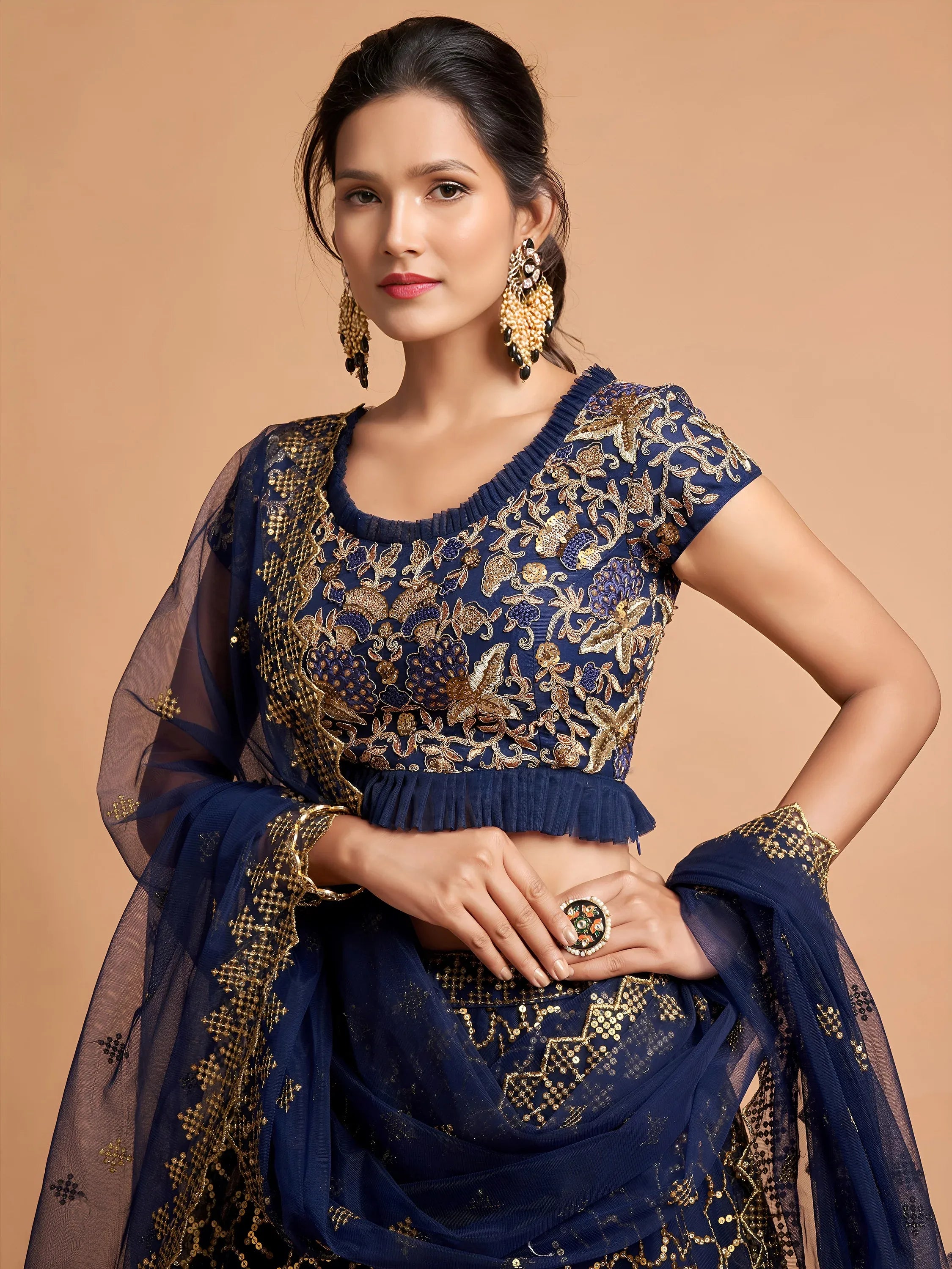 Navy Blue Thread Embroidered Net Wedding Wear Lehenga Choli