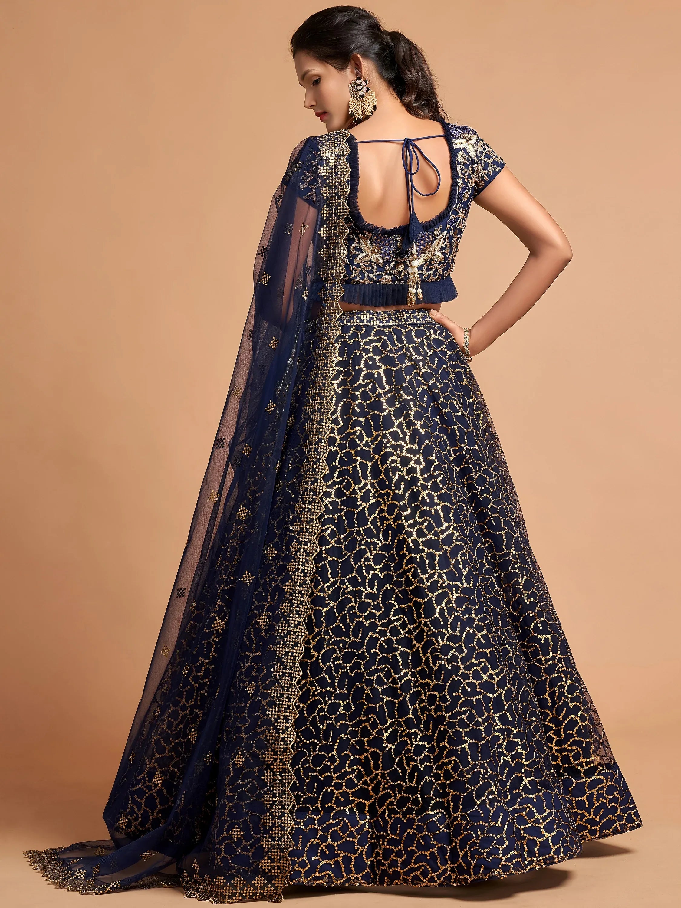 Navy Blue Thread Embroidered Net Wedding Wear Lehenga Choli