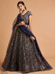 Navy Blue Thread Embroidered Net Wedding Wear Lehenga Choli