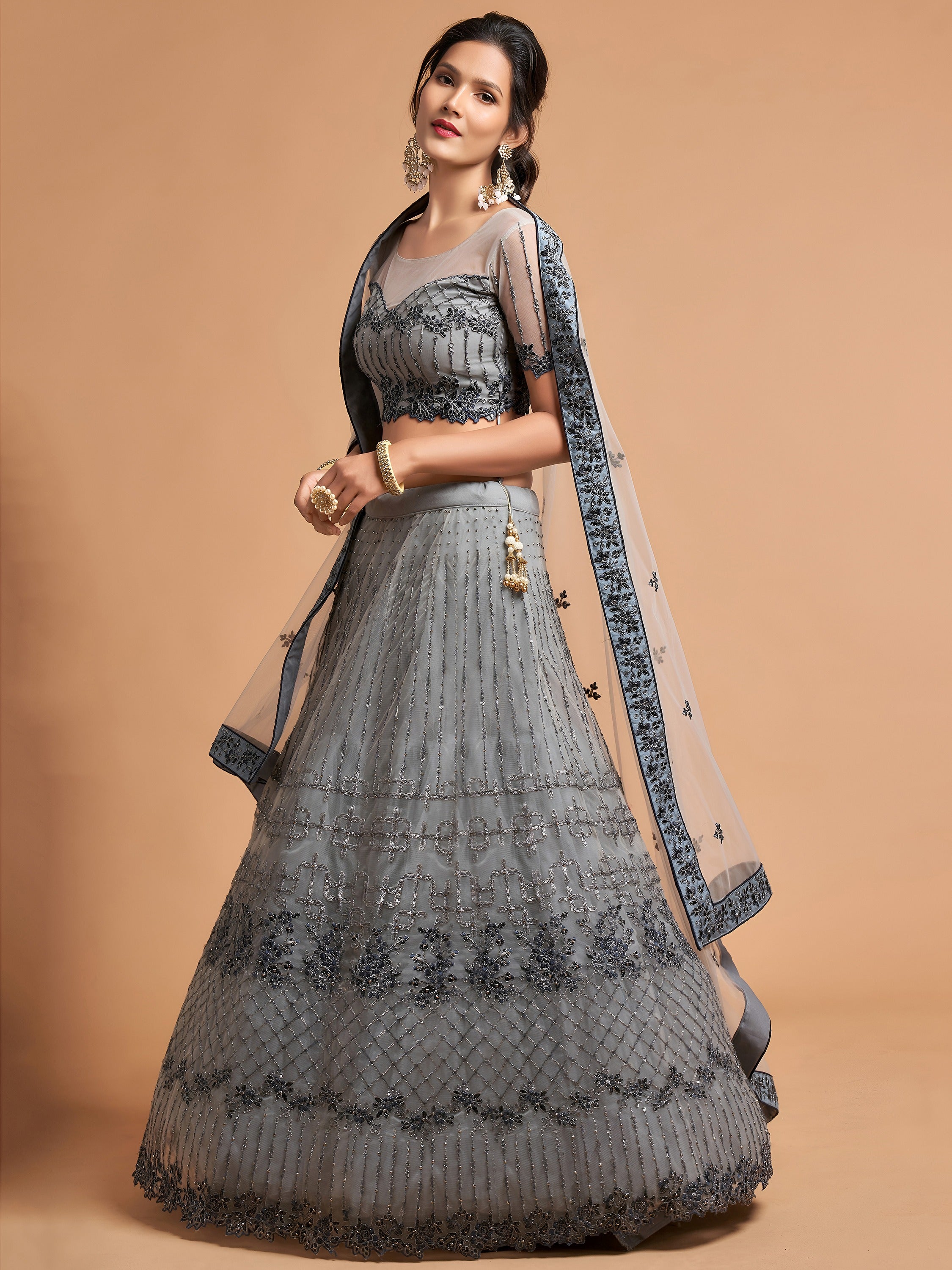 Unique Grey Dori Thread Embroidered Net Wedding Lehenga Choli