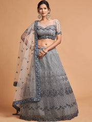 Unique Grey Dori Thread Embroidered Net Wedding Lehenga Choli