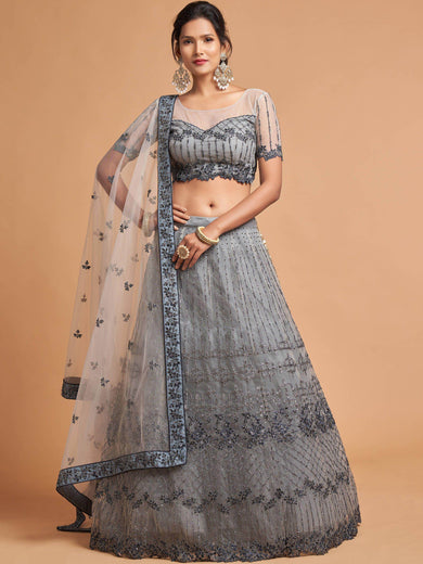 Unique Grey Dori Thread Embroidered Net Wedding Lehenga Choli
